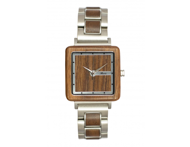 Montre femme en bois de noyer et acier inoxydable argent