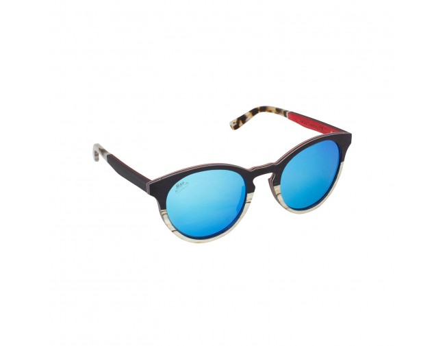 Lunettes de soleil en bois d'ébène et zébrano blanc verres teintés bleu polarisés