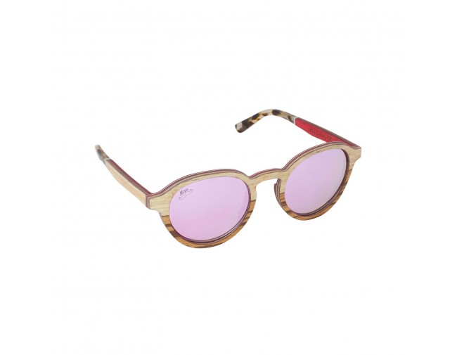 Lunettes rondes en bois d'ébène et noyer polarisés teintés rose