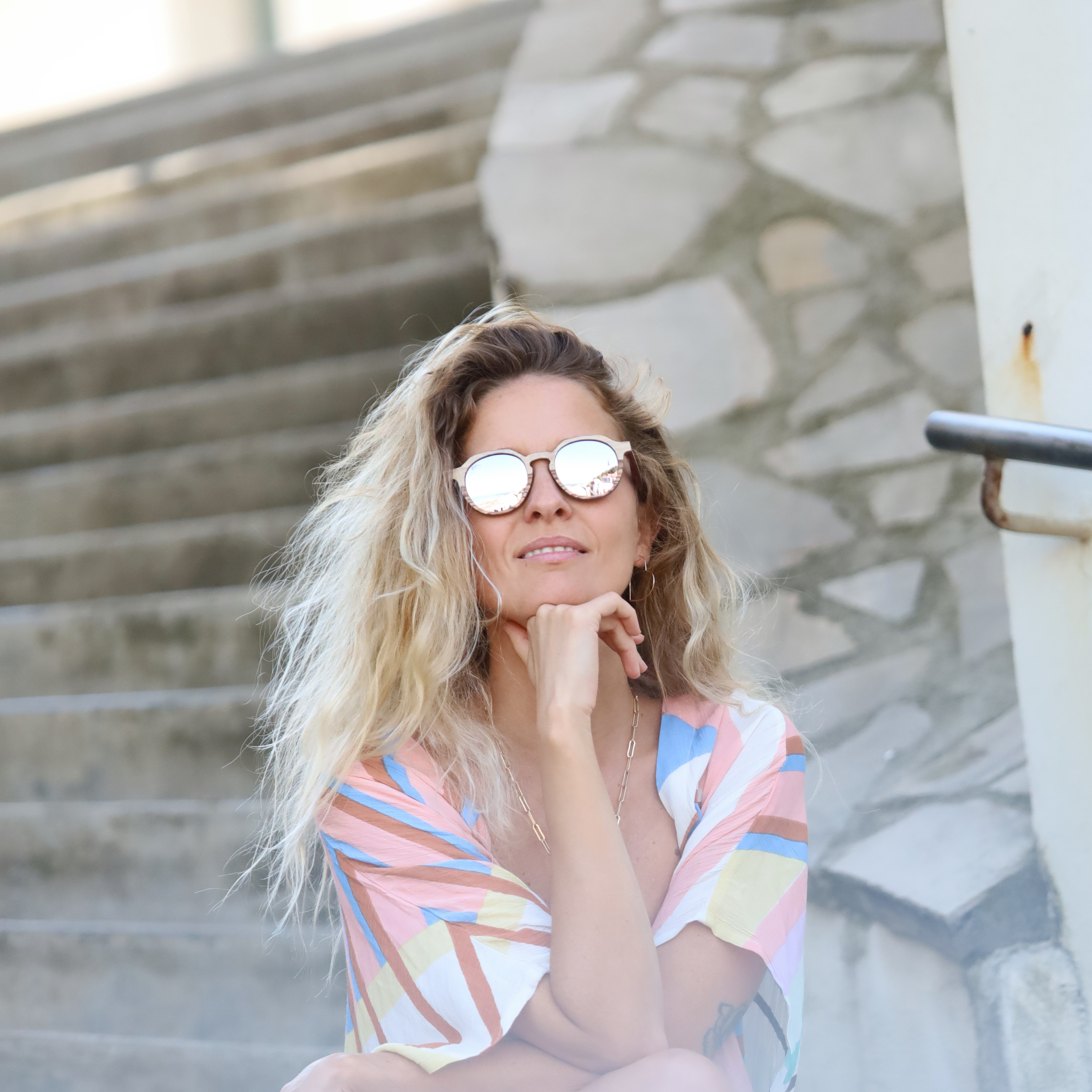 Lunettes de soleil en bois de chêne, effet miroir rose, unisexe